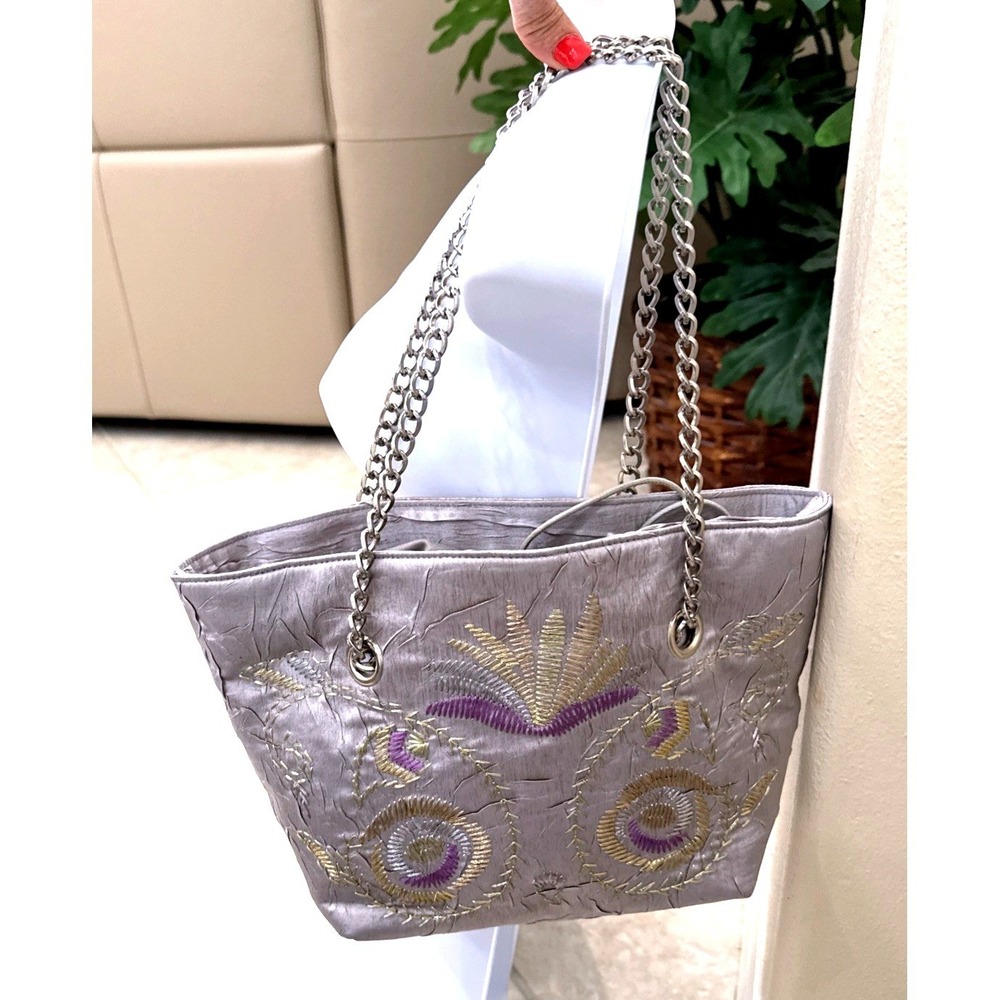 J. Renee Silver Crinkle Satin Embroidered Evening Bag Chain Strap Drawstring